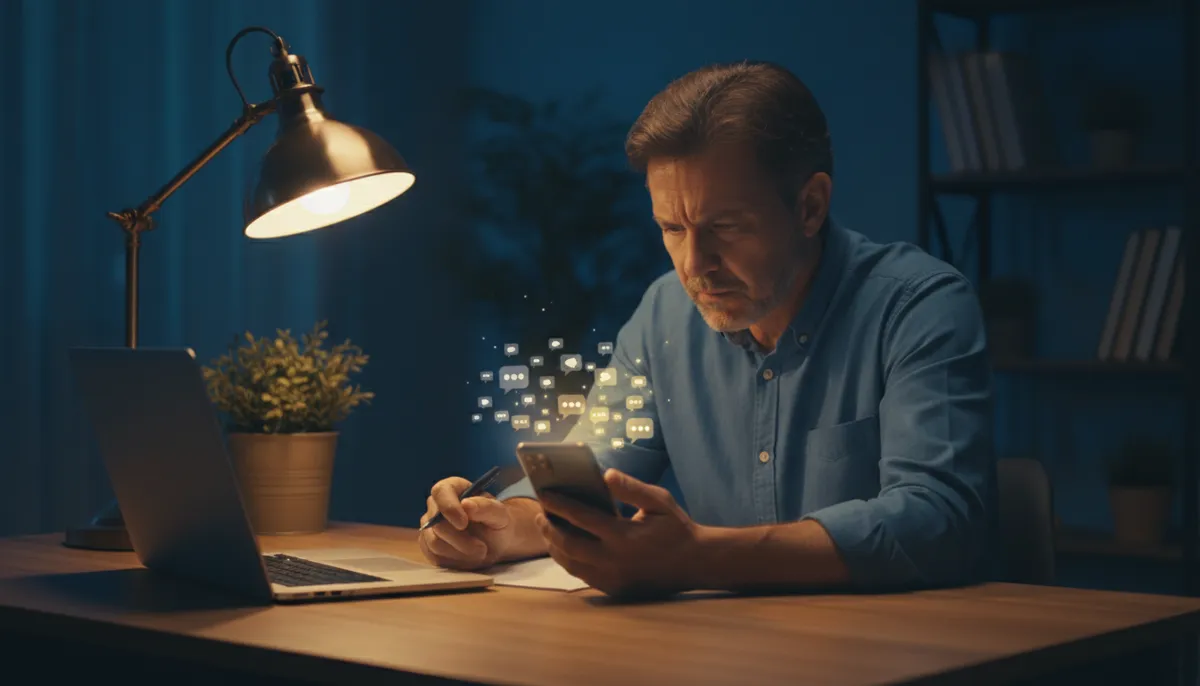 Empresário cansado à noite olhando o celular cheio de mensagens não respondidas