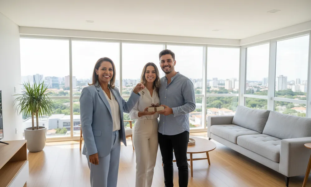 Corretor entregando as chaves de um apartamento novo a um casal